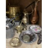 A quantity of miscellaneous metalware to include heated brass kettle, copper jug, Britannia metal