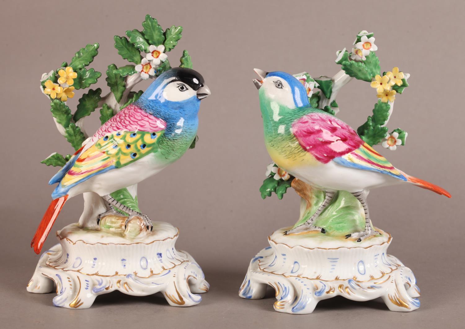 A pair of Continental porcelain figures modelled as a pair of colourful songbirds before leaf and