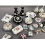 A quantity of porcelain dressing table and other boxes, three items of Wedgwood black basalt ware