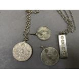 Two silver pendants and silver ingot pendant by R. Carr of Sheffield together with a St