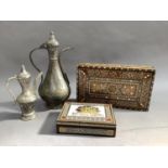 A Turkish coppered coffee pot, a white metal pot and two Middle Eastern boxes