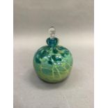 A Mdina glass scent bottle of sea green mottled glass with a clear glass stopper, etched signature