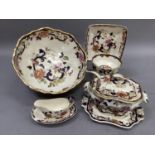 A Masons Ironstone Mandalay pattern tureen, cover, stand and ladle, a shaped circular pedestal bowl,