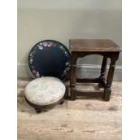 An oak joynt stool of conventional form, rectangular top above turned tapered legs joined by moulded