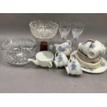 A Royal Vale tea service, two cut glass bowls, a feeder cup, glasses etc