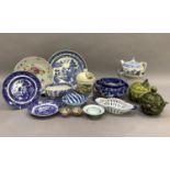 A quantity of miscellaneous ceramics including sauce pots, willow pattern bachelors teapot, other