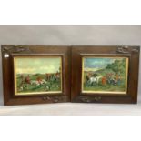 Hunting scenes, chromolithographs, a pair, 29.5cm by 37cm image, each in an oak frame with applied