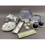 A pair Limoges blue and gilt butter dishes, the domed covers with duck finials, miniature cups and