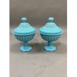 A pair of Victorian turquoise glass pedestal cups and covers, fluted and bead decorated with