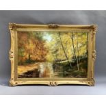 A wooded river landscape autumn scene, oil on board, signed and dated Kate (19)80 to lower right,