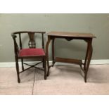 An Edward VII string inlaid mahogany corner chair on turned legs joined by an X-stretcher;
