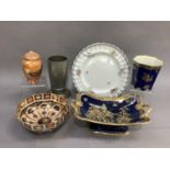 A Carlton ware blue and gilt chinoiserie design cache pot and a two handled pedestal dish of similar