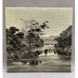 A Chinese monochrome view of a river landscape on fabric, 53cm by 54cm
