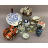 A quantity of decorative ceramics, cloisonné and champleve enamel Chinese part tea services, bowls