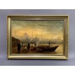 Istanbul, figures by the Bosphorus and ships at anchor at sunset, unsigned, oil on canvas, 31cm x