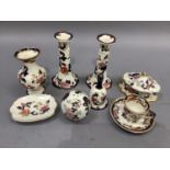A quantity of Masons Ironstone Mandalay pattern ware including bell, pair of candlesticks, pomander,