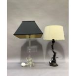 A perspex column table lamp on square plinth base complete with black shade, 48cm to fitting,