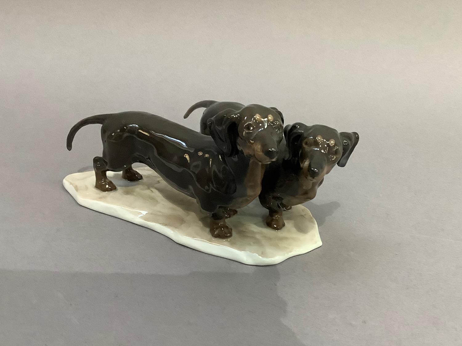 A Rosenthal group of two Dachshunds on a naturalistic base, 8.5cm high by approximately 17cm long