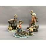 Three Naples figures: Fisherman, Making The Wine and Fisher Boys, various sizes, one on gilt metal