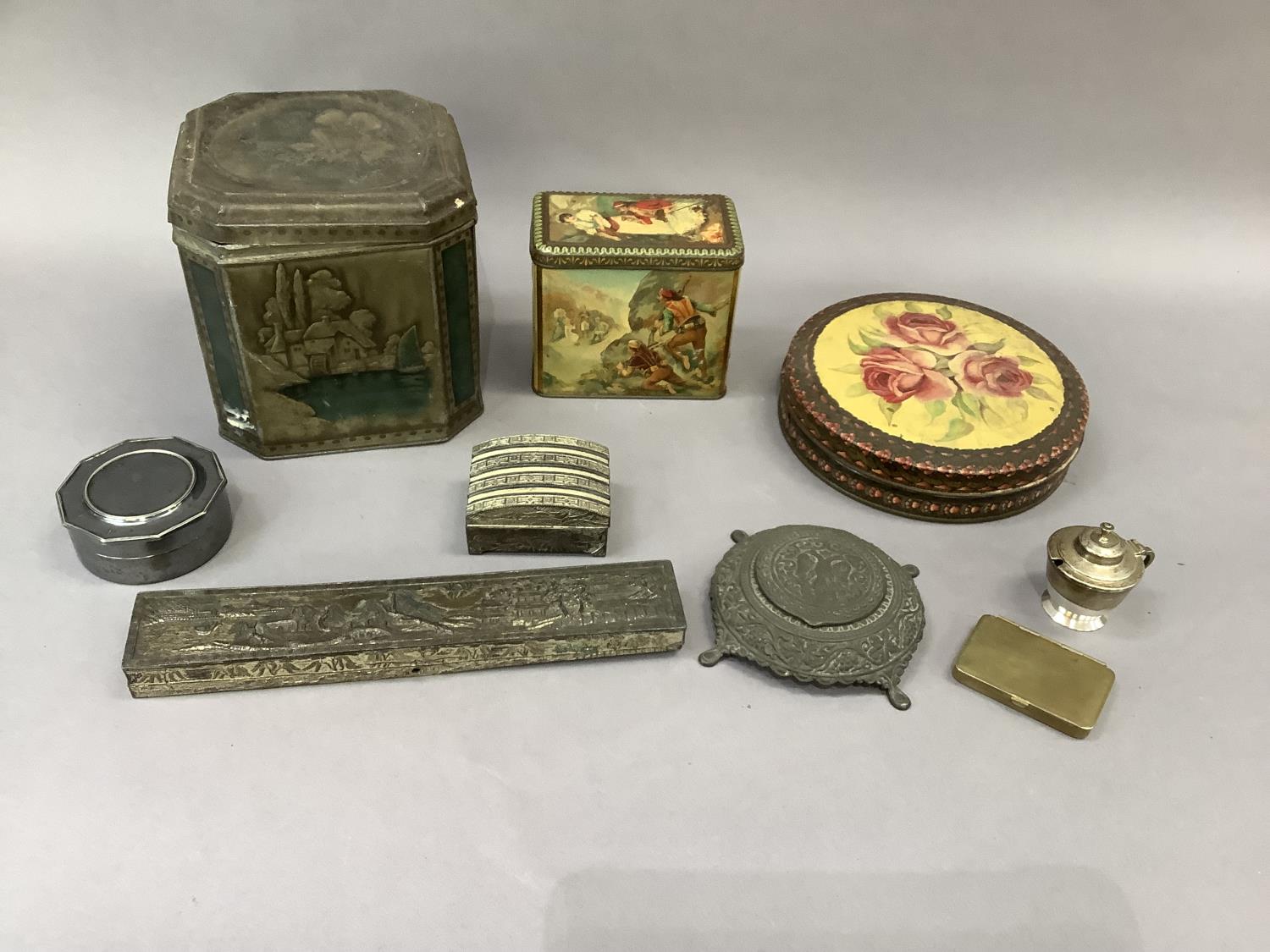 A quantity of vintage tins, white metal and cast iron boxes, silver plated box and cover, brass - Image 3 of 3