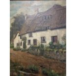 Louis Wood - Thatched Cottages, oil on canvas, signed and dated 1946 lower right, 60cm by 45cm,