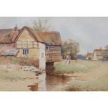 Harry English (Late 19th/early 20th century), Thatched half-timbered house beside a stream and Pandy