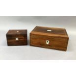 A rosewood tea caddy with mother-of-pearl escutcheon, locked (the key is inside), 15cm wide x 10.