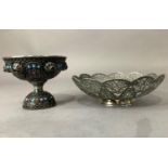 A continental white metal filigree sweet meat dish, 14.5cm, together with pedestal bowl, the