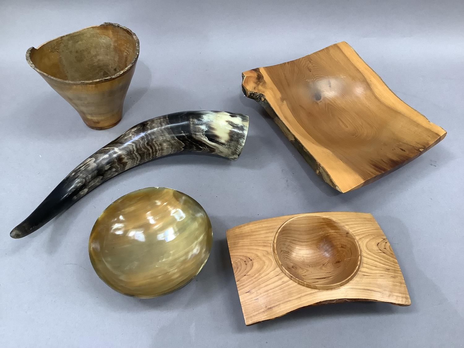 Three items of turned wood including vase and two dishes together with a cow horn and cow horn bowl - Image 2 of 3