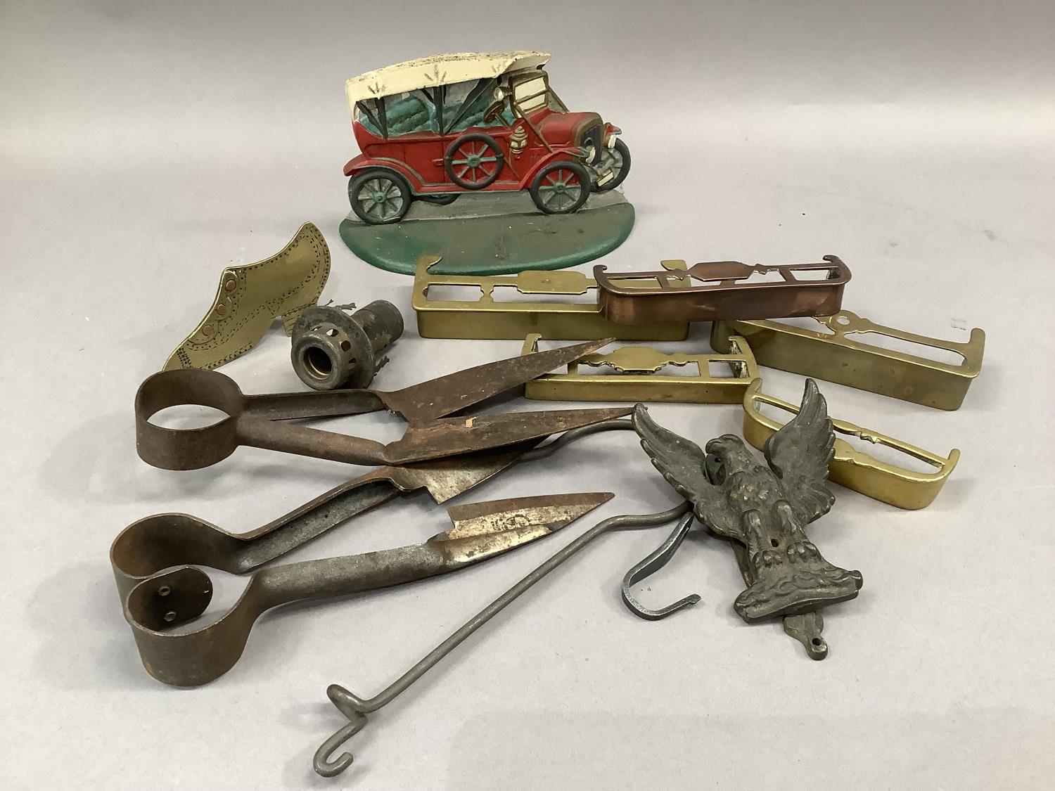 Two iron topiary shears, four brass miniature hearth fenders and another in copper, a cast iron door - Image 2 of 3