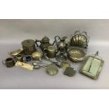 A box of mainly silver plated ware including biscuit barrel, teapot, candlestick, rose bowl, hotel