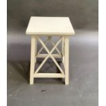 A cream painted square stand with X-frame sides on square legs, top 34cm square