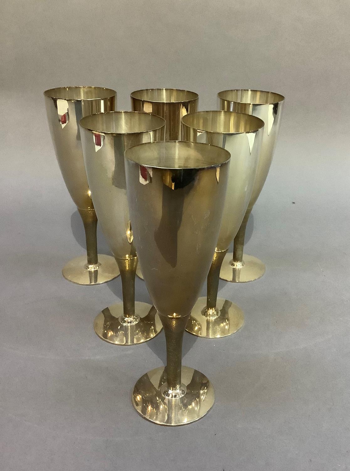 A set of six Mappin & Webb silver plated goblets with textured stems, on circular foot, 17.5cm high - Image 2 of 5