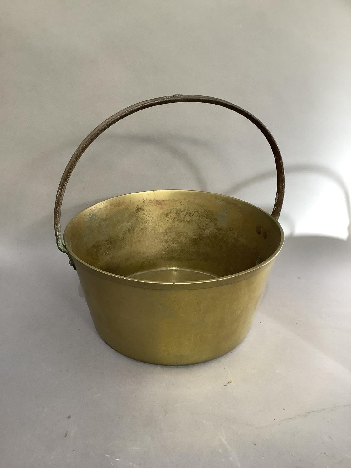 A large brass preserve pan with iron hoop handle, 32.5cm - Image 2 of 2