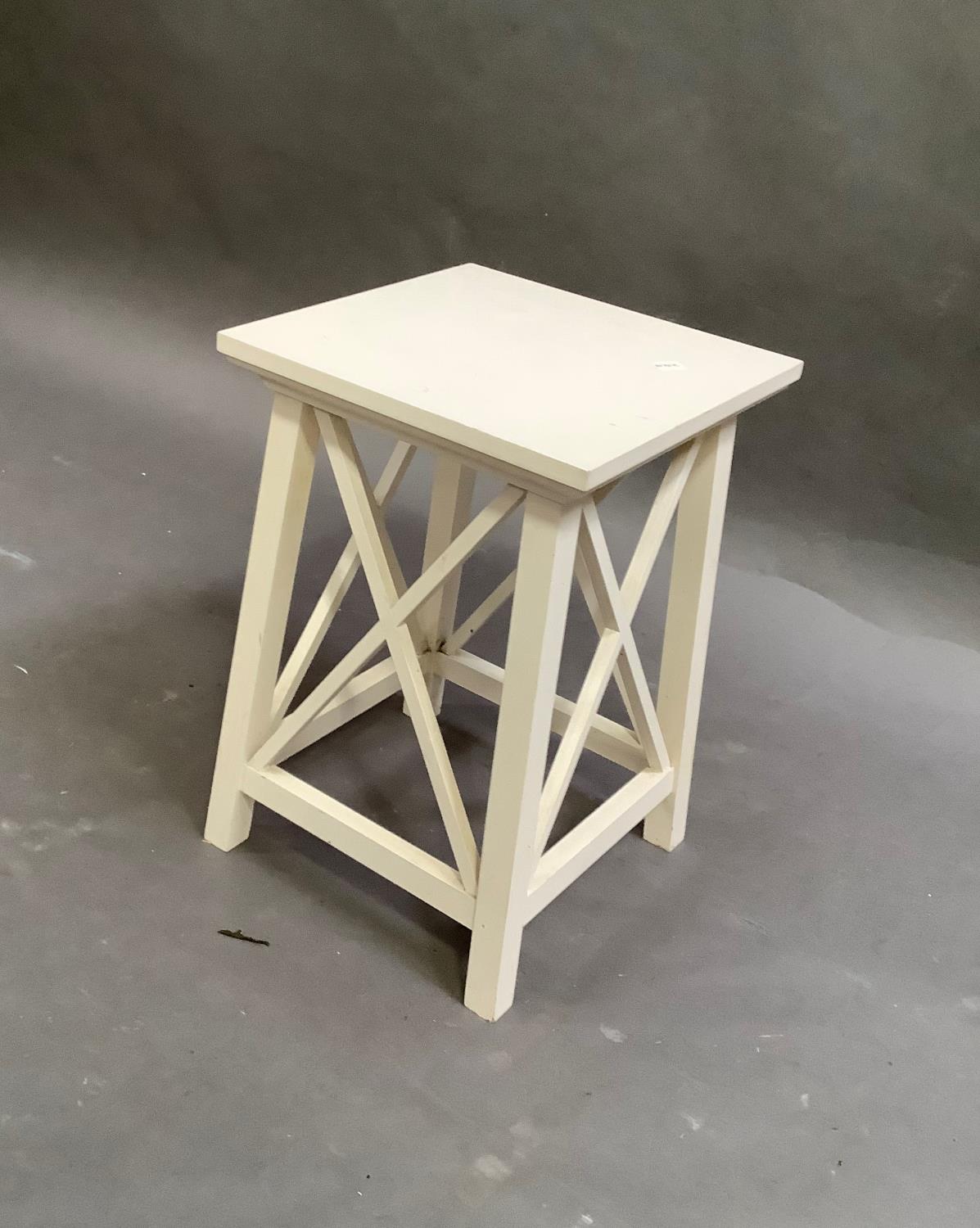 A cream painted square stand with X-frame sides on square legs, top 34cm square - Image 3 of 3