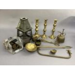 A vintage hall lantern, brass candlesticks, oil can, brass ladle etc
