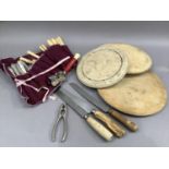 Three circular bread boards and knives and a quantity of silver plated ware, etc