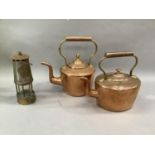 Two Victorian copper kettles together with brass and iron miner's lamp - The Protector Lamp and