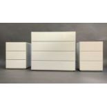 A modern white four drawer chest with glass top and shelves, 91cm wide x 81cm high, together with