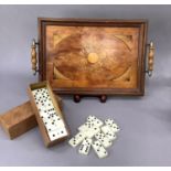 An Edwardian two handle rectangular tray, the field inlaid' painted and decorated with musical