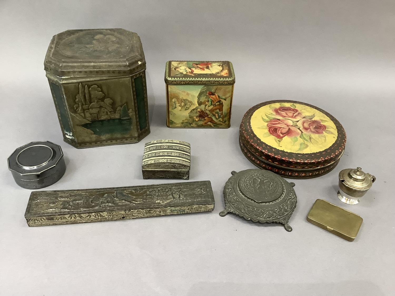 A quantity of vintage tins, white metal and cast iron boxes, silver plated box and cover, brass - Image 2 of 3