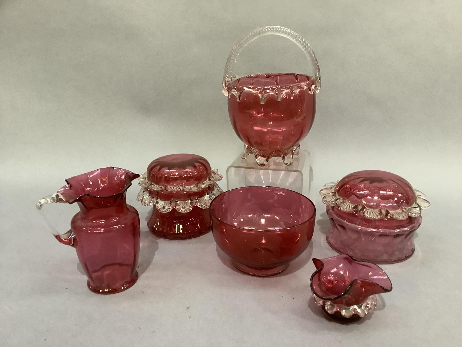 Six items of cranberry glass including two lidded jars with prunt rims together with a jug with - Image 3 of 3