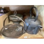 A T. Sneldon and Co Ltd no.7 cast iron kettle together with a metal colander, hanging hearth dish