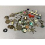 A small quantity of coinage, badges, red plastic Scottie dog brooch, propelling pencil, costume