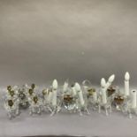 A small quantity of cut glass two branch wall lights with candle shades