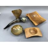 Three items of turned wood including vase and two dishes together with a cow horn and cow horn bowl