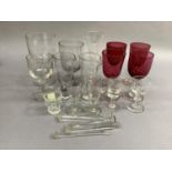 A set of four Victorian cranberry glass wines, other Victorian wines, ales etc, seven sugar crushes,