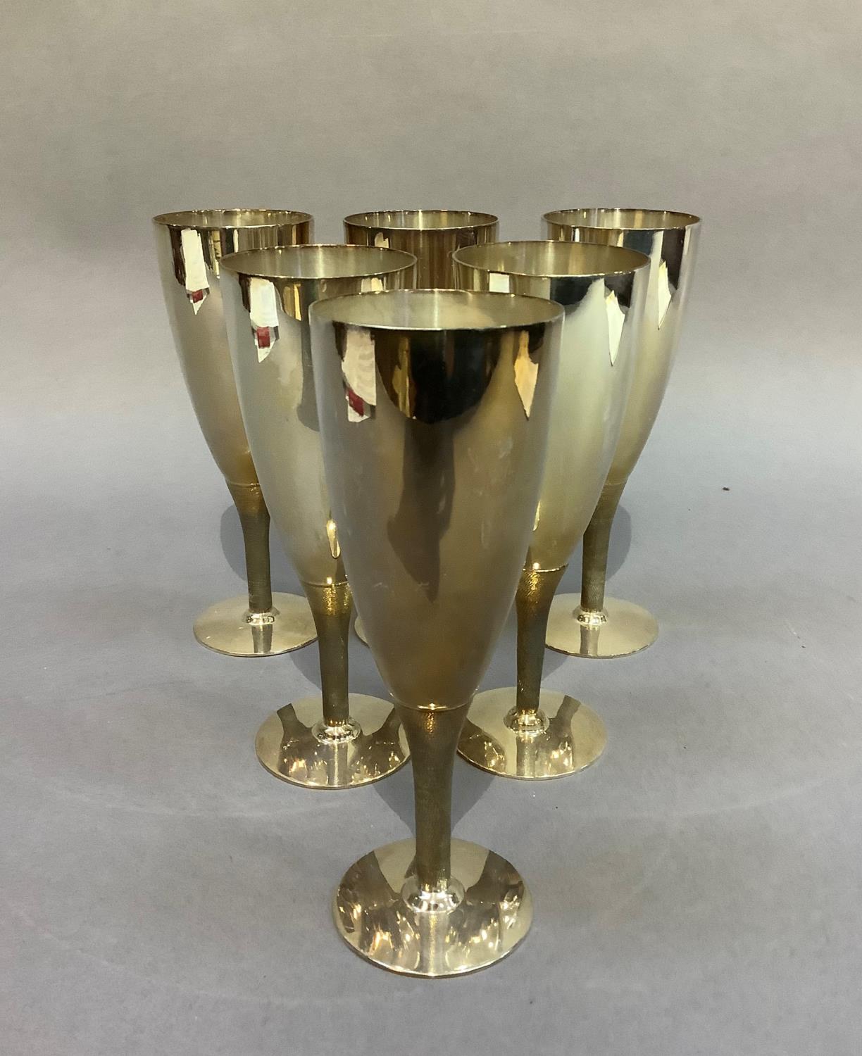 A set of six Mappin & Webb silver plated goblets with textured stems, on circular foot, 17.5cm high - Image 3 of 5