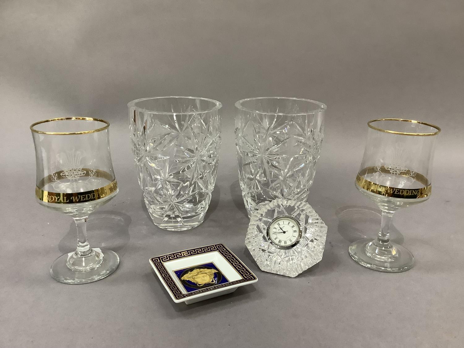 A Versace Medusa blue pin dish of square outline together with a Waterford Crystal cased mantel