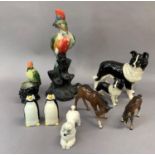Two pottery sheepdog figures, two pottery figures of foals, a Branksome china pottery poodle, two